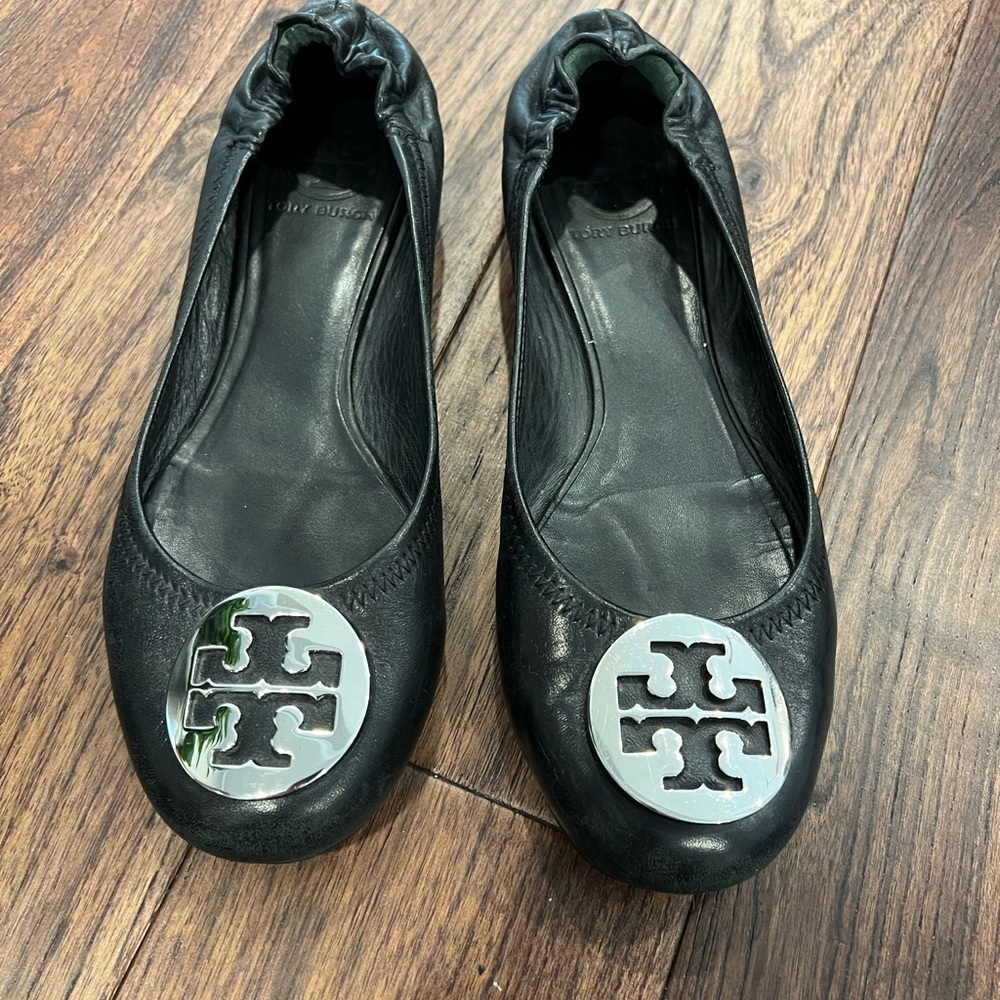Tory Burch Black and Silver Logo Flats
